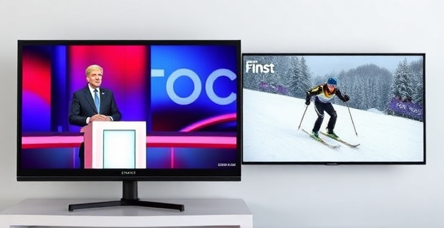 Una pantalla de televisión mostrando un programa de debate político mientras que en una pantalla secundaria se ve un esquiador cruzando la meta en primer lugar