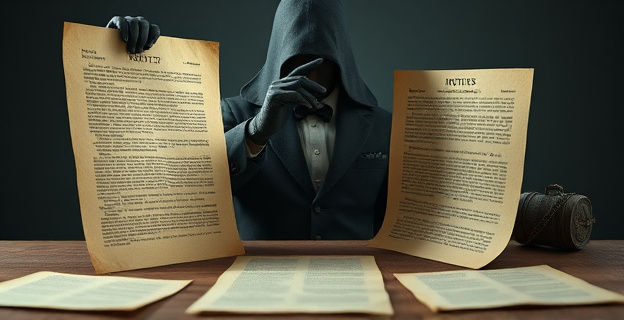 Una imagen que represente la tensión entre la verdad histórica y la manipulación política, con documentos antiguos y una figura en la sombra que los manipula.