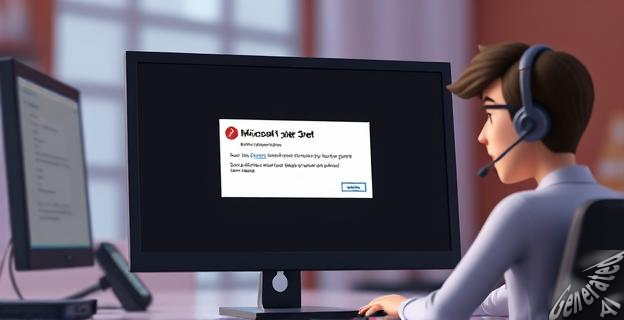 Ilustración de una pantalla de computadora con un mensaje de error de Microsoft bloqueando una cuenta de correo electrónico, con una persona frustrada al fondo intentando contactar al soporte técnico.