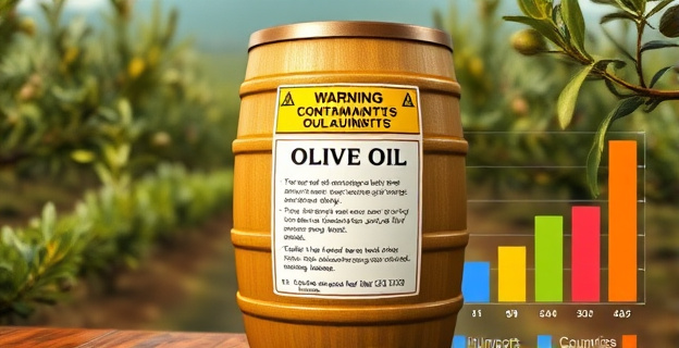 Imagen de un barril de aceite de oliva con un sello de advertencia de contaminantes en el fondo, con un paisaje de olivos al fondo y un gráfico de barras mostrando las importaciones de diferentes países