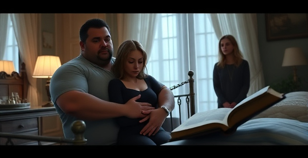 Una escena tensa en un dormitorio donde una joven está siendo inmovilizada por un hombre corpulento mientras una mujer observa. Al fondo, un ambiente sombrío con un libro sagrado abierto.