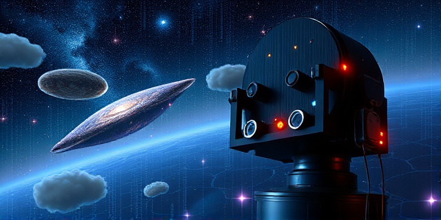 Un telescopio gigantesco con miles de ojos de fibra óptica observando un mar de estrellas y galaxias, rodeado de nubes de datos flotantes que se entrelazan en un mapa tridimensional del universo, con luces de galaxias y quasars como puntos de referencia.