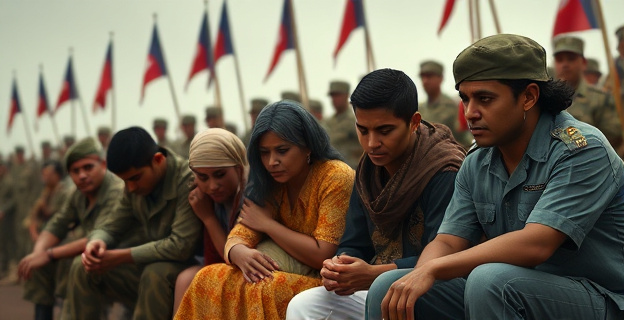 Una imagen que refleje la tensión y el dolor de los familiares de los soldados cubanos fallecidos, con un fondo que sugiera la opresión y el control del régimen cubano. La escena debe transmitir la sensación de incertidumbre y la lucha por la verdad.