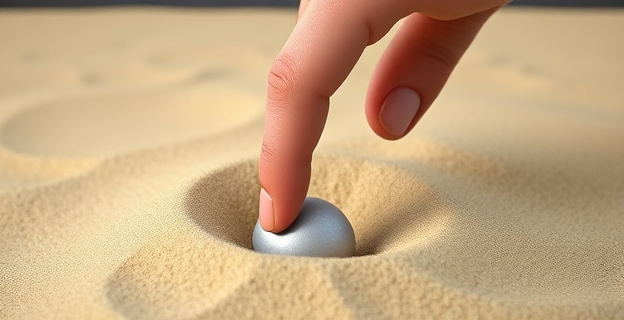 Una mano extendida con el dedo índice suspendido sobre arena con un objeto enterrado debajo, mostrando una zona de desplazamiento y fuerzas sutiles alrededor del dedo.