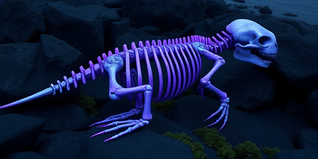Una composición artística y surrealista de un esqueleto completo de nutria marina con huesos de un color púrpura brillante e iridiscente, descansando sobre rocas oscuras y algas verdes en una playa nublada de California, estilo fotografía de naturaleza detallada con iluminación cinematográfica y melancólica.