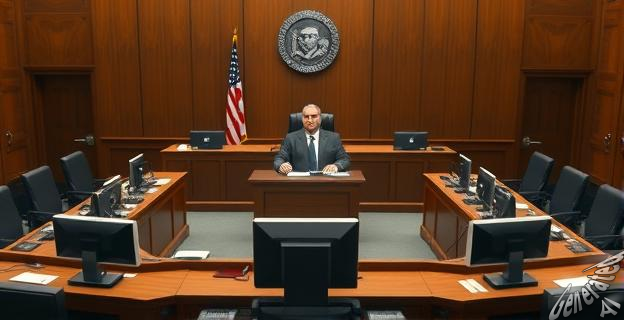 Ilustración de una sala de tribunal con el juez Juan Carlos Peinado y Begoña Gómez en el centro, rodeados de documentos y computadoras.