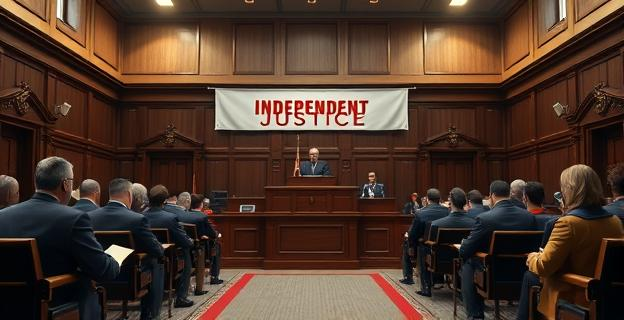 Imagen de una sala de justicia con jueces y magistrados reunidos, con un ambiente tenso y una pancarta con el lema 