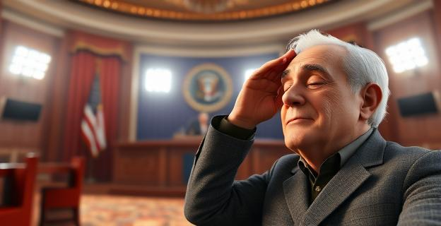 Una sala de prensa con un escritorio presidencial, luces brillantes y una atmósfera de tensión. Un hombre mayor está sentado con los ojos cerrados y la mano en la sien.