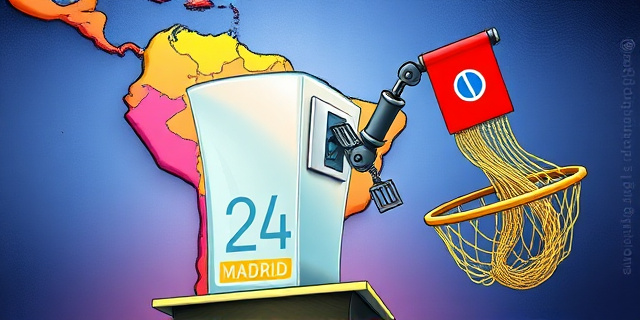 Una ilustración satírica estilo caricatura editorial. Un mapa de Sudamérica transformándose en una gran urna electoral de cristal. Desde Madrid, un brazo mecánico con el logo de un partido político intenta pescar votos con una red dorada. Colores vibrantes, estilo periodístico, atmósfera de ironía política, sin rostros reales.