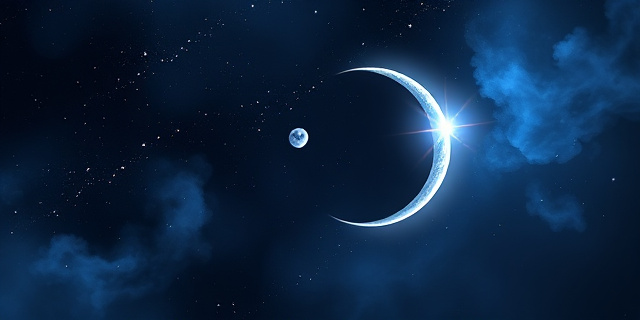 Representación artística de una luna creciente oscura eclipsando una estrella brillante, con un fondo de nebulosas y constelaciones en tonos azul y morado. Estilo pictórico, pinceladas sueltas, atmósfera onírica y misteriosa. Sin elementos humanos.