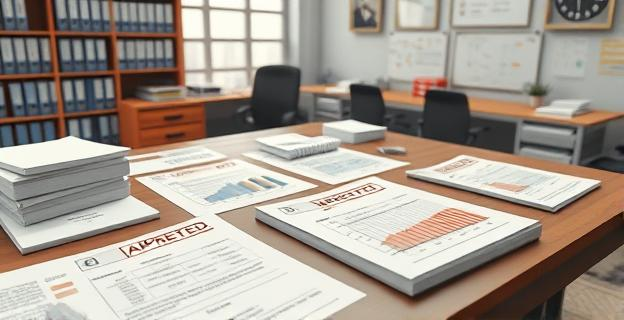 Oficina de contrataciones públicas con documentos y expedientes sobre una mesa, mostrando gráficos de adjudicación de obras con sellos de 