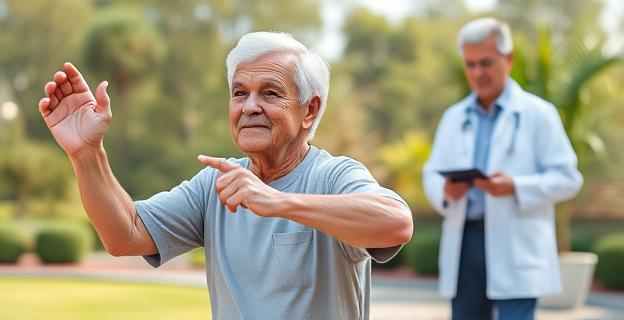 Imagen de una persona mayor haciendo ejercicio al aire libre, con un entorno limpio y saludable, y un médico en el fondo tomando notas.