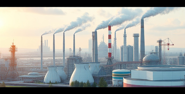 Una imagen de un paisaje industrial moderno con fábricas y tecnología de punta, representando el crecimiento económico de Polonia, con elementos que sugieren innovación y producción industrial de alto valor añadido.