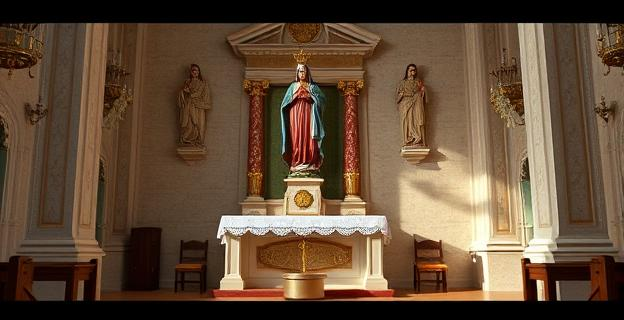 Imagen de una iglesia con una estatua de virgen en el altar, con un recipiente debajo que recoge un líquido aceitoso, sin personas alrededor