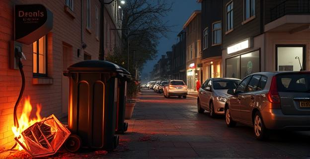 Una calle urbana con contenedores quemados y daños en coches y comercios cercanos. Vecinos vigilantes con móviles y silbatos patrullan la calle de noche.