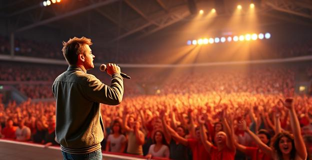 Imagen de un cantante en un escenario con un micrófono en mano, mientras el público enardecido grita y levanta las manos en un ambiente de concierto de música urbana. En el fondo, se ve un estadio o pabellón con miles de personas.