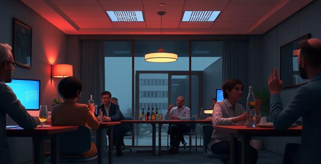 Oficina corporativa con ambiente tenso y un empleado sentado apartado de sus compañeros celebrando una fiesta de empresa con mucho alcohol