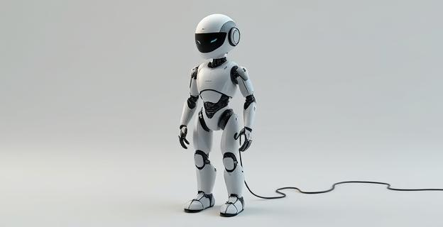 Un robot humanoide de menos de un metro de altura con diseño minimalista y colores neutros, sobre una superficie blanca con componentes tecnológicos visibles como cables y circuitos