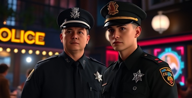 Imagen de un comisario de policía en un entorno nocturno, con un local de alterne al fondo y una figura de autoridad en primer plano, representando la protección y el poder