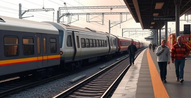 Imagen de un tren de Cercanías descarrilado en una estación, con viajeros caminando por las vías hacia el andén, y dotaciones de bomberos y emergencias en el lugar.