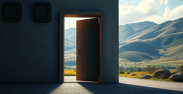Una imagen de una puerta de cárcel entreabierta con una sombra de una persona saliendo al exterior, con un paisaje vasco al fondo y una atmósfera de controversia y debate político.