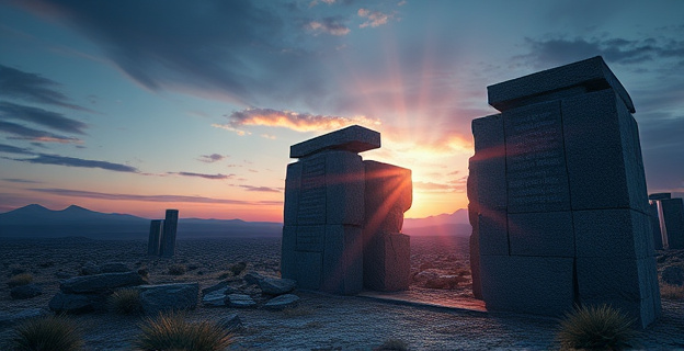 Una imagen conceptual que fusiona el misticismo antiguo con la simbología de un futuro distópico. Fragmentos de monolitos de granito, algunos en ruinas, bajo un cielo crepuscular. Rayos de luz solar atraviesan una grieta, iluminando grabados en lenguas diversas. Alrededor, un paisaje desolado pero con destellos de naturaleza resiliente. La atmósfera es de intriga y melancolía, sin figuras humanas.