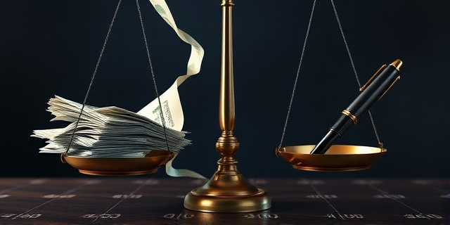 Una balanza de la justicia ligeramente inclinada, con una montaña de papeles y billetes cayendo de un lado y una pluma estilográfica del otro. Estilo pictórico, colores oscuros y contrastados, iluminación dramática.