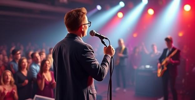 Una cantante en un escenario con micrófono de pie y banda en vivo, interpretando una canción con público animado al fondo