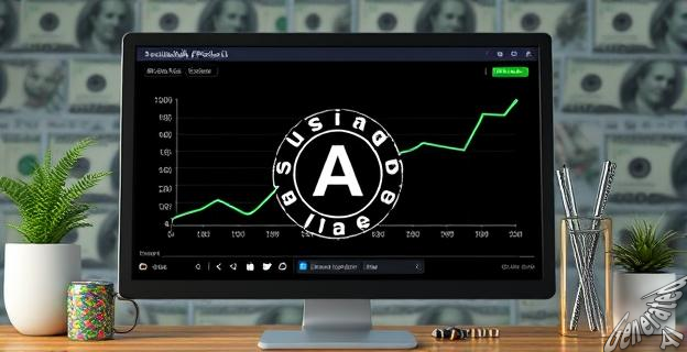 Una imagen de una pantalla de computadora mostrando un gráfico de una página web de productos sostenibles con un fondo de dinero y una IA en el centro, rodeada de pajitas metálicas reutilizables y otros productos ecológicos.