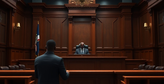 Imagen de una sala de tribunal con un juez y un acusado de raza negra sentado en el banquillo, con un ambiente serio y formal.