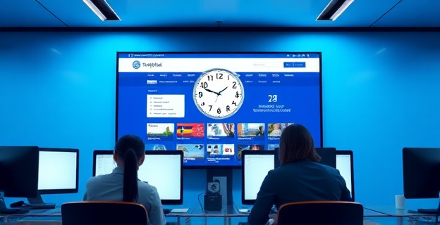 Una pantalla mostrando una web gubernamental con múltiples idiomas y un reloj marcando 24 horas, con traductores trabajando en ordenadores bajo una luz azulada de oficina moderna