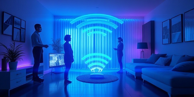 Representación abstracta de una casa moderna con ondas de radio invisibles emanando del router Wi-Fi, formando siluetas humanas translúcidas y distorsionadas. Colores fríos y tonos neón, estilo cyberpunk. Énfasis en la sensación de vigilancia y vulnerabilidad. Sin rostros visibles.