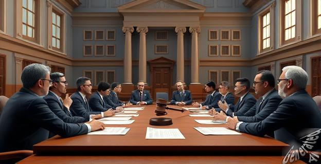 Ilustración de un tribunal de justicia con un gran edificio al fondo y varias personas con traje y gafas reunidas alrededor de una mesa grande con papeles y documentos. En el centro de la mesa hay un gran mazo de juez.