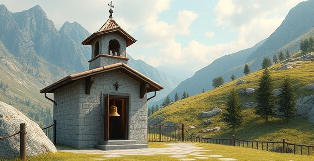 Un pequeño santuario en un valle con una campana colgando de un campanario, rodeado de naturaleza y con una puerta de acceso al campanario ligeramente abierta