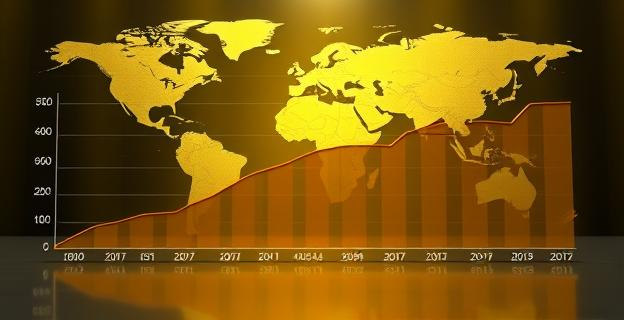 Un gráfico que muestra la evolución del precio del oro desde 2007 hasta la actualidad, con un fondo que representa la economía global y símbolos de bancos centrales