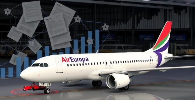 Imagen de un avión de Air Europa en un aeropuerto, con un fondo de documentos y gráficos que representan conexiones empresariales y políticas