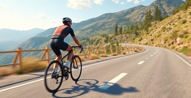 Imagen de una persona haciendo bicicleta de carretera en una ruta montañosa con un fondo de paisaje natural y cielo despejado