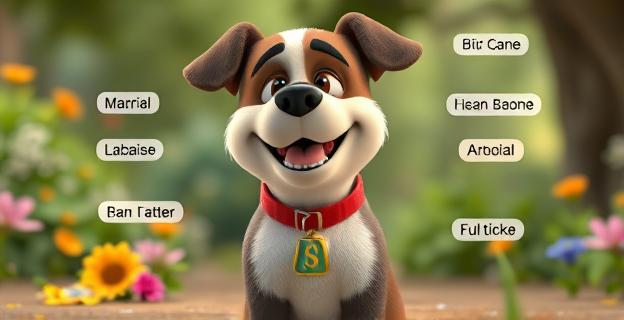Ilustración de un perro con una placa de identificación con diferentes nombres alrededor, en un entorno natural con elementos como flores y árboles.
