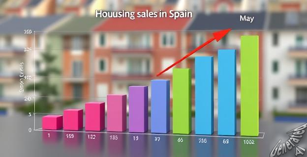 Gráfico de barras mostrando la evolución de las ventas de viviendas en España, con una flecha hacia abajo en mayo y un fondo de edificios de viviendas