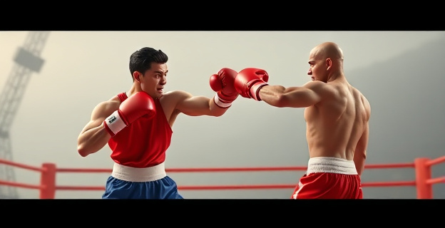Una representación visual de un boxeador zurdo lanzando un gancho izquierdo inesperado a un oponente diestro, con un fondo que sugiere un equilibrio entre la cooperación y la competencia.