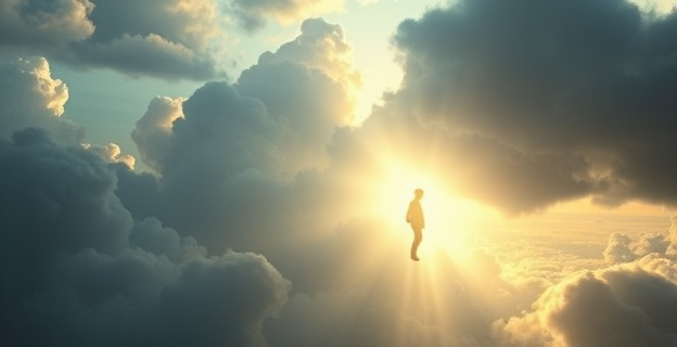 Una representación surrealista de una persona emergiendo de una nube oscura hacia una luz brillante, simbolizando la reducción de los síntomas depresivos gracias a un tratamiento innovador.