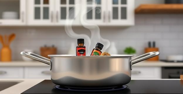 Cacerola con vinagre caliente y aceites esenciales en una cocina con armarios limpios