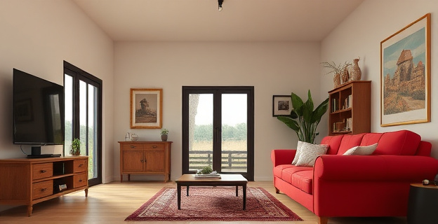 Una casa familiar humilde con un sofá rojo en un salón acogedor, con una puerta de entrada visible y un entorno rural en La Zaida, Zaragoza.