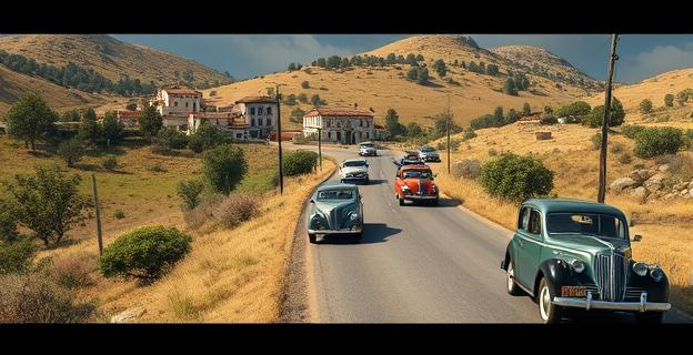 Paisaje rural español con múltiples coches viejos circulando por carreteras secundarias y pueblos
