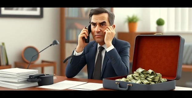 Imagen de un hombre (no Zapatero) sentado en un despacho con papeles y una maleta de dinero al lado, mientras habla por teléfono con gesto serio.