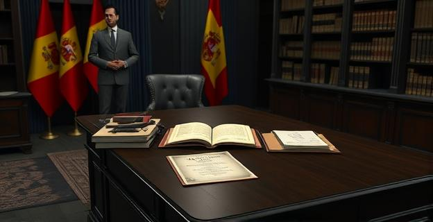 Un despacho ministerial con documentos y fotografías antiguas sobre una mesa de madera oscura, con una bandera española al fondo y estanterías llenas de legajos.