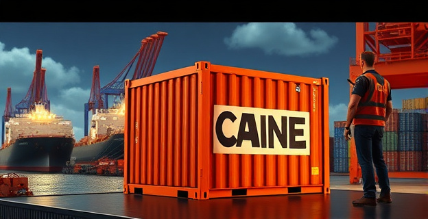 Una imagen conceptual de un contenedor de carga con cocaína siendo inspeccionado por autoridades aduaneras en un puerto, con un fondo de barcos y grúas trabajando en el puerto, y con un ambiente de tensión y sospecha