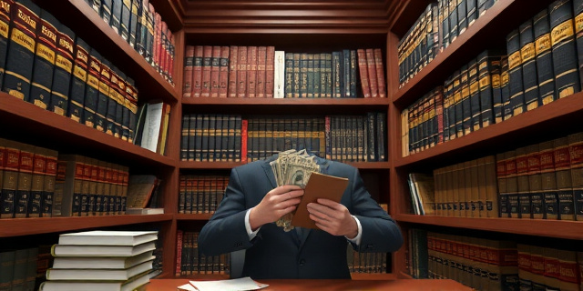 Un despacho con estanterías llenas de libros de derecho y un hombre escondiendo fajos de billetes entre las páginas