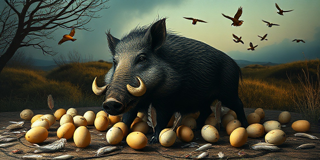 Una ilustración surrealista que representa un paisaje de Doñana. En primer plano, un jabalí corpulento con una expresión de satisfacción, rodeado de huevos rotos y plumas. En el fondo, siluetas de aves protegidas huyendo despavoridas. Estilo pictórico que evoca la pintura flamenca, con colores oscuros y contrastes dramáticos. Atmósfera melancólica y ligeramente irónica.