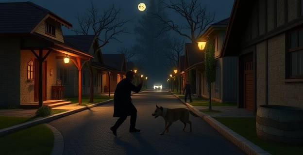 Una escena nocturna en una calle vacía de un pueblo, con un hombre vestido de negro intentando entrar en una casa mientras es atacado por un perro. Al fondo, se ven otros hombres huyendo.